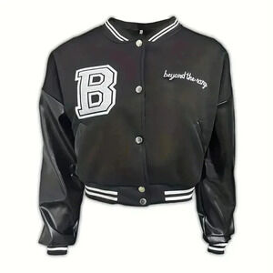 Alphabet (PU Long Sleeve) Crop Baseball Jacket (Color: Black)
